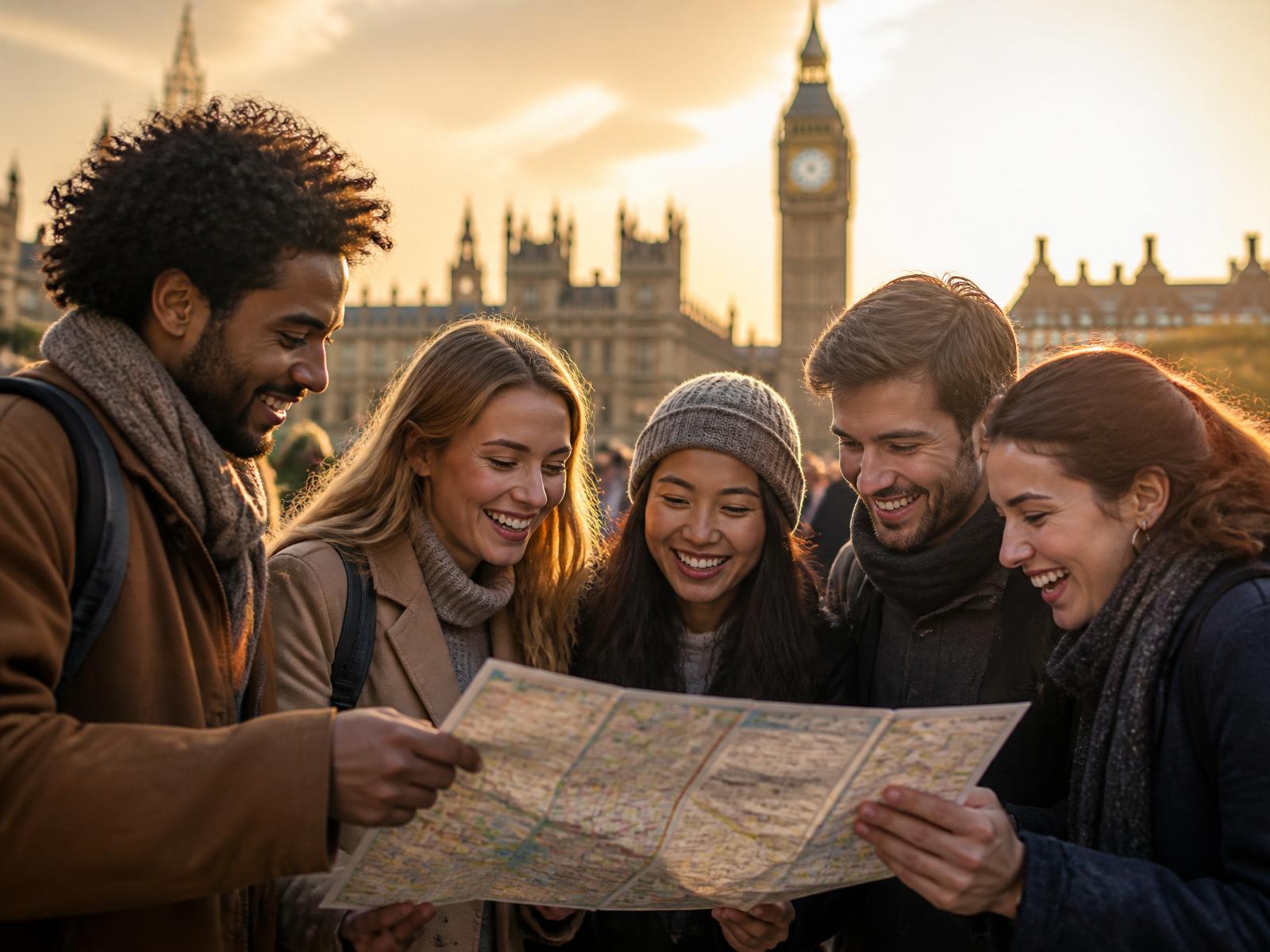 Diverse group of travellers smiling together with London in the background
