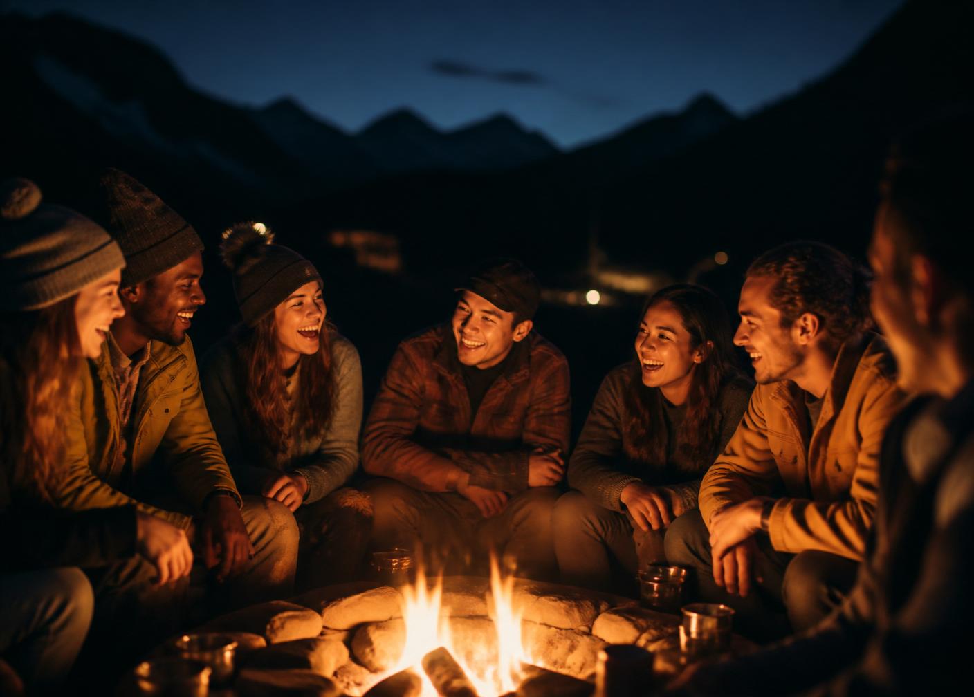 Travellers laughing together around a campfire